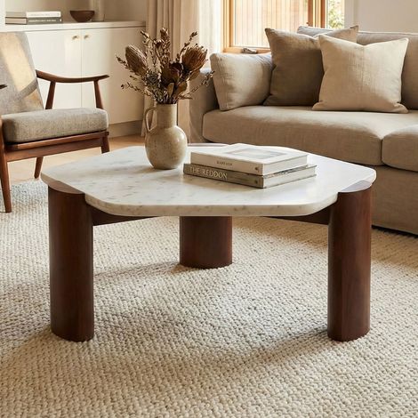 Table basse ronde 100x100x42cm en acacia et marbre blanc