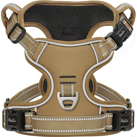 Harnais Chien, Harnais Anti Traction Réfléchissant Harnais pour Moyen Grand Chien avec Poignée Rembourrée, 1 Boucle sur la Sangle Droite de Cou Rendent Facile à Mettre et à Enlever, Marron, M (1/5)