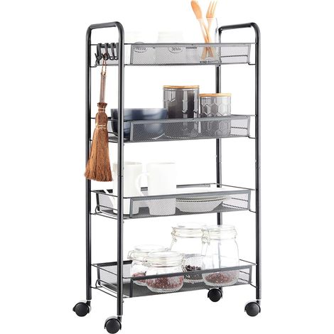 Petit chariot de rangement alimentaire, étagère de cuisine, étagère de rangement au sol à plusieurs niveaux, roulettes mobiles, rangement multifonctionnel pour les collations et autres en-cas. (1/5)