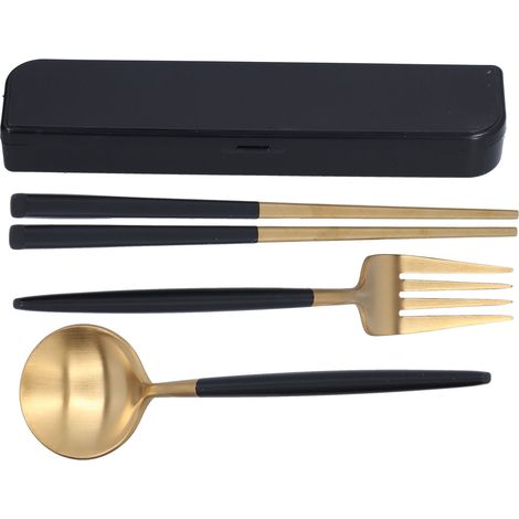 3Pcs/Set Ustensiles de Voyage Portables en Acier Inoxydable - Cuillère, Fourchette et Baguettes pour École, Bureau ou Pique-nique - Noir et Or (Boîte de Rangement Noire)