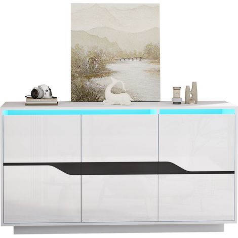 ELVMI Credenza con 3 Ante, 5 Ripiani Regolabili e LED Controllato da Applicazione, per Soggiorno, Pannello Truciolare, 140 x 40 x 70 cm, Bianco e Nero (1/5)