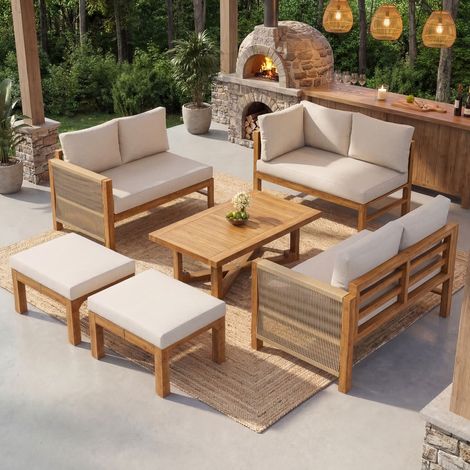 Lot de 6 canapés, 6 places, pour jardin et terrasse, résistant pour terrasse et extérieur, Ensemble mobilier jardin modulaire acacia