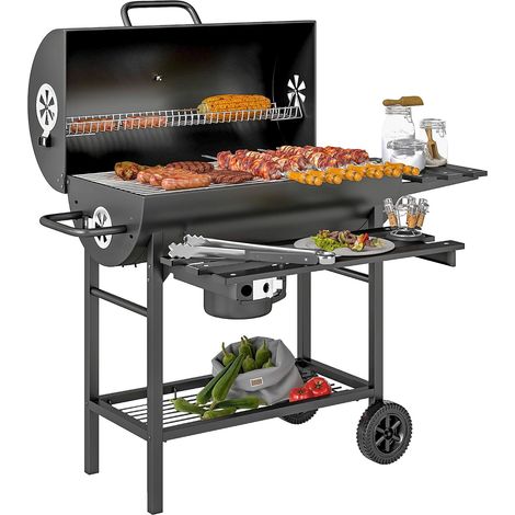 Barbecue charbon de bois avec tablette avant pliable, grand barbecue au charbon de bois avec tablette inférieure, grille de cuisson, couvercle avec thermomètre et 2 roues, noir (1/5)