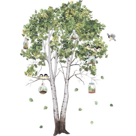 Sticker mural Tatouage Tropical Plantes Vertes Arbre, Sticker mural Oiseaux sur Arbre, Sticker mural Feuilles Vertes Amovible, Décoration Murale Chambre Salon Canapé Fond (B) (1/5)