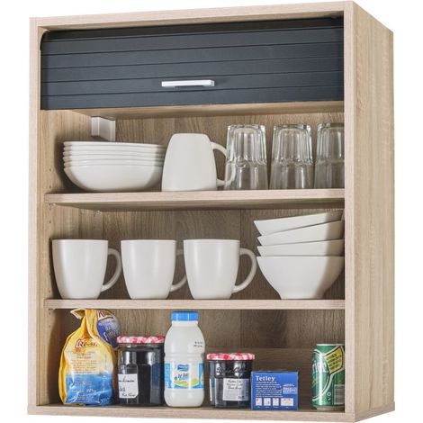 Beaux Meubles Pas Chers – Meuble haut de cuisine chêne avec rideau noir – 3 niches – L 60 x H 72 x P 35 cm – 2 tablettes réglables – Éco-conçu, fabriqué en France (1/4)