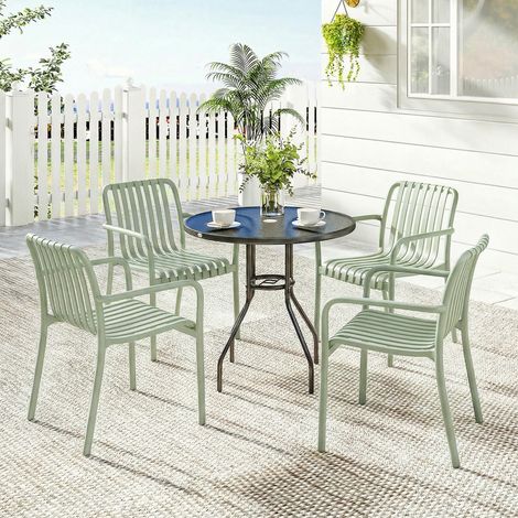 Ensemble de 4 chaises de jardin empilables en polypropylène résistant aux UV, avec accoudoirs et dossiers ergonomiques, gris-vert. (1/5)