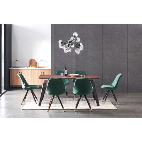 Cosmo LUX Sofia Dining Set - a Walnut Wooden Dining Table and Set of 6 Green Velvet Dining Chairs - Dining Room Kitchen (1/5)