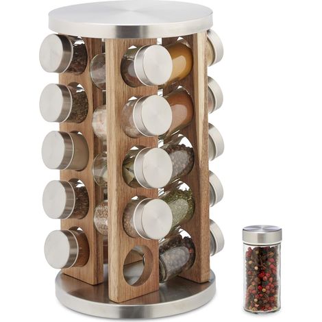 Tourniquet à épices 20 pots - Acier inox et bois - Rotation 360° - Rangement cuisine organisé - 34 x 19,5 cm (1/5)