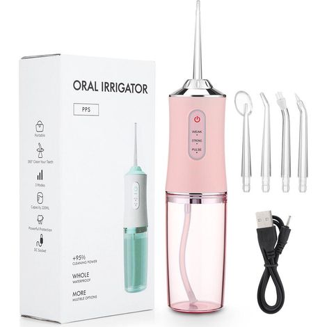Rince-dents électrique portable 220 ml, 3 vitesses, jet dentaire, arrêt automatique intelligent, kit de nettoyage des dents (rose) (1/5)