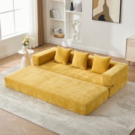 Canapé convertible 3 places, canapé droit, 3 coussins, combinaison libre modulable, tissu chenille, 198×79×60cm, jaune
