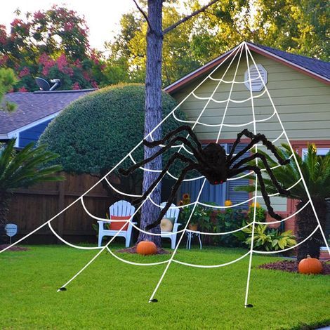 Toile d'araignée lumineuse Halloween extérieur, 250 LED 5m guirlande lumineuse avec araignée géante 2m, imperméable déco fête jardin maison costume (1/2)