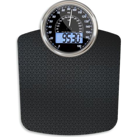 Hybrid Pèse-Personne - Analogique & Digital, Précis jusqu'à 180 kg  Lisez votre poids sur cadran analogique et LCD en même temps. Large plateau, 3 piles AAA incluses, prêt à l'emploi. (1/5)