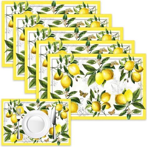 Sommerliches 6er Set Zitronen Tischsets 30 x 45 cm, abwaschbar, für Zuhause, Restaurant, Esszimmer, Urlaub, Hochzeiten und Dinnerpartys (1/5)
