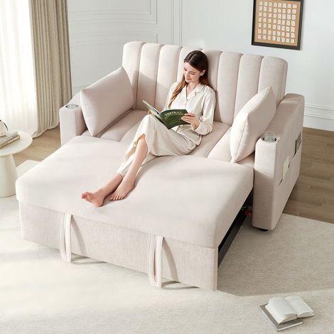 Canapé-lit - Multifonctionnel 2 places - Dossier réglable 3 positions - Porte-gobelet & poches - Velours beige (1/5)