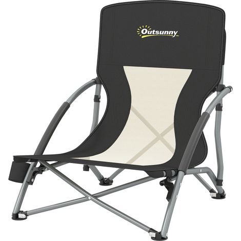 Outsunny Sedia Pieghevole da Spiaggia con Braccioli e Borsa Nero