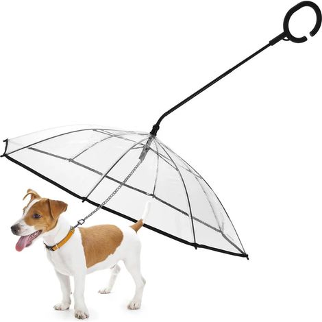Un ombrello per cani con guinzaglio a catena, angolo regolabile e manico a forma di C, ideale per le giornate di pioggia.
