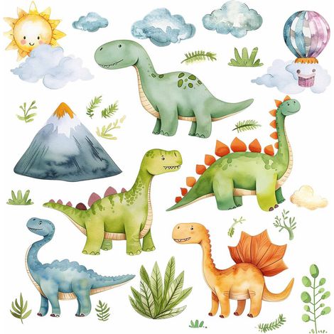 Autocollant Mural Dinosaure - Style Aquarelle - Pour Chambre Bébé Garçon ou Salle de Jeu - 1 Set