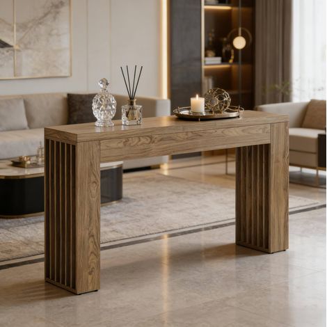 Mesa consola 150 cm marrón en MDF con estilo farmhouse y laterales acanalados (1/5)