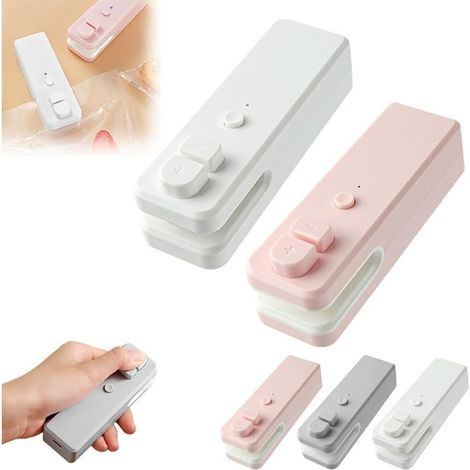 Mini scelleuse de sacs 2 en 1 sous vide pour snacks, mini fermeture de pochette rechargeable, scelle et découpe pour conserver la fraîcheur des aliments (rose + blanc) (1/5)