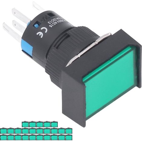 25 Stück Momentan-Drucktaster, selbstverriegelnd, rechteckig, mit Leuchte, 220 V, BEMLA1611DSJ, 16 mm (grün) (1/5)