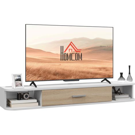 Mobile porta TV a parete/panca per televisori fino a 50 pollici con vani a giorno e armadietto bianco con anta a ribalta.