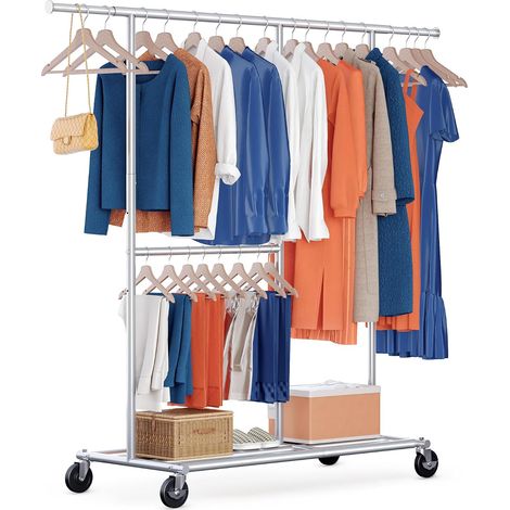 Porte-vêtements à roulettes à charge lourde, barre à vêtements avec base inférieure, porte-manteaux mobile à 2 niveaux, avec chariot de vêtements réglable, acier chromé, argent (1/5)