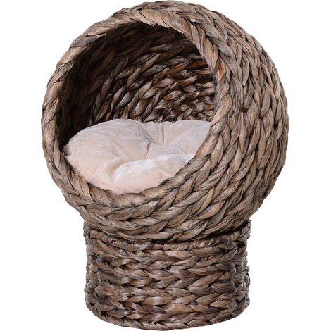 Cesta De Ratán Para Gatos Acogedora Cueva Para Gatos Con Cojín, Cama Para Mascotas Hecha De Jacinto De Agua, Marrón Oscuro, 42X33X52Cm