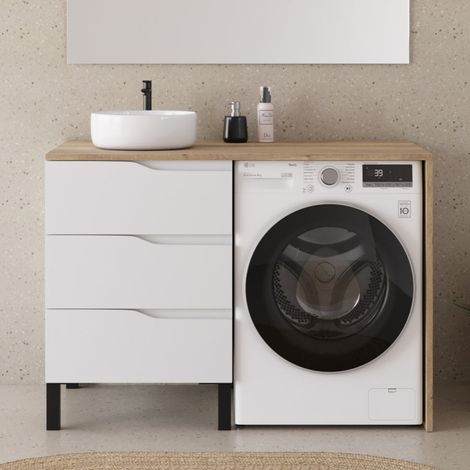 Meuble lave linge 124cm avec plateau miel et vasque ronde - sans miroir - 3 tiroirs - blanc/madera miel (chêne clair) - SANTA (1/5)