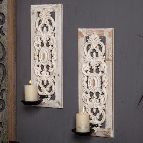 Lot de 2 bougeoirs muraux en bois vintage - Blanc vieilli - Pour décoration murale - Pour chambre à coucher, salon (1/5)
