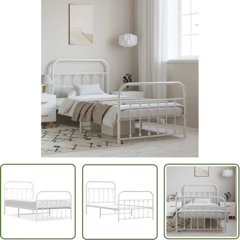 The Living Store Cadre de lit métal sans matelas et pied de lit blanc 100x190 cm - Cadre De Lit - Lit Double - Lit Metal - Lit Blanc - Meuble Chambre (1/5)