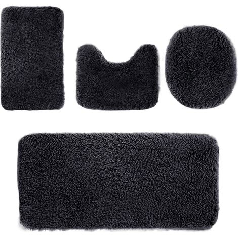 Tapis De Salle De Bain - Lot De 4 Pièces Non Glissant - Absorption D Eau Renforcée - Lavable En Machine - Pour Baignoire Toilette Et Sol - Noir (1/5)