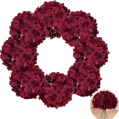Lot de 50 têtes d'hortensia artificielles en soie avec tiges, pour décoration de mariage, de fête, de douche (rouge) (1/5)