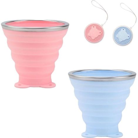 Verre Pliable de Voyage, 2 Pièces Gobelet Retractable, 250 ml Tasses Pliable en Silicone avec Couvercle, Rose et Bleu Gobelet Reutilisable, avec Cordon, pour Bureau et Voyages (1/5)