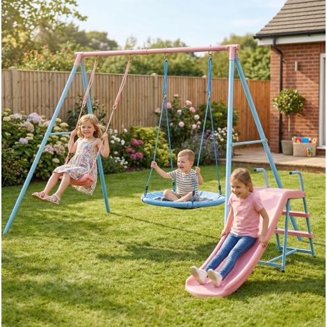 Altalena per bambini con scivolo, 2 sedili, acciaio, blu e rosa OKMYHOME (1/5)