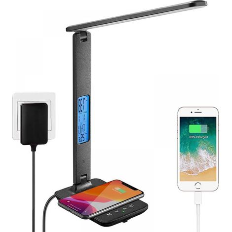 (Black) LED Desk Lamp with Wireless and USB Charger, Adjustable Flexible Desk Lamp with Touch Control, LCD Display with Time, Alarm and Temperature Functions (1/5)