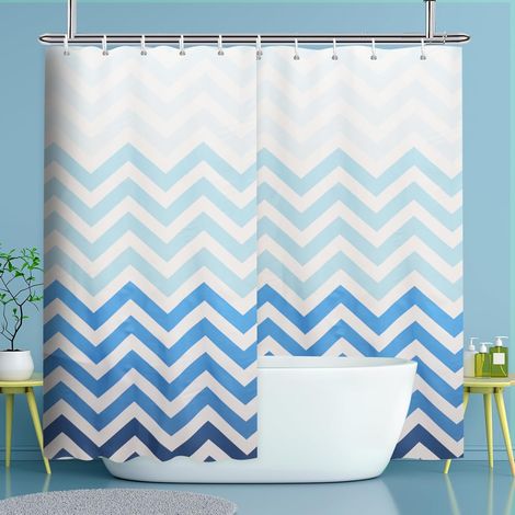 Rideau de douche en tissu extra large 300 x 240 cm, lavable, dégradé de bleu à blanc, motif chevrons, pour baignoire, parfait comme séparateur de pièce, largeur 300 x hauteur extra 240 cm (1/5)