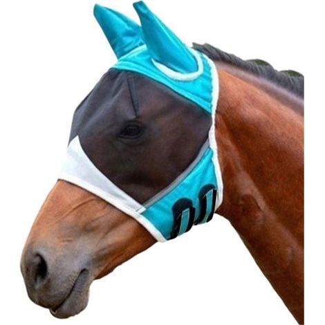 Feinmaschige Fliegenmaske für Pferde mit Ohrenschutz, UV-Schutz und weich auf der Haut (L blau) - 1 Stück (1/5)