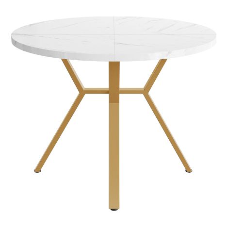 Une table de salle à manger ronde en marbre au design minimaliste et moderne (diamètre d'un mètre), dotée d'un piètement métallique doré en forme de X stable et durable, c'est un incontournable pour (1/5)