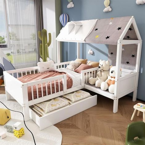 Lit simple en bois, lit d'enfant, multifonctionnel, avec toile et coussin, tiroir inférieur, sans matelas, 90200, blanc (1/5)