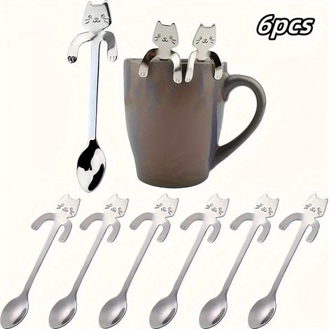 Ensemble de 6 cuillères et tasses suspendues en acier inoxydable en forme de chat - Cuillères à café suspendues mignonnes (1/5)
