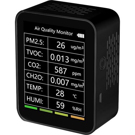Détecteur de qualité de l'air portable pour la maison et le bureau, 6 en 1, multifonctionnel : PM25, TVOC, CO2, CH2O, température, humidité, connexion intelligente avec application mobile et télécomma (1/5)