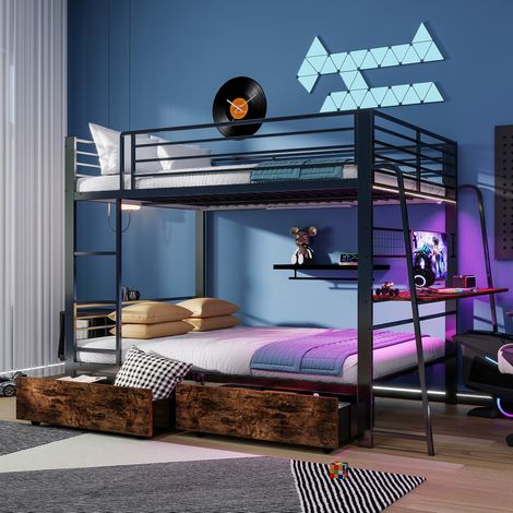Sofá cama de 140 x 200 cm, estructura metálica, cama alta con escritorio y 2 cajones, tira LED sincronizada con la música, toma de corriente, barandilla y escalera, carga máxima 250 kg, color negro. (1/5)
