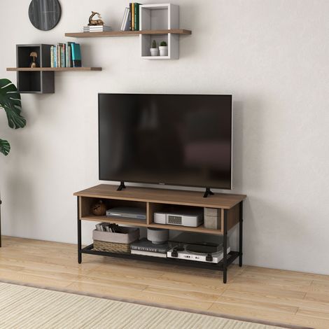 Meuble TV style industriel pour téléviseur jusqu'à 122 cm (48 pouces) en bois et acier, 110 x 40 x 48 cm, marron et noir