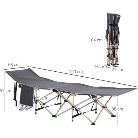 Lit de camp pliant avec sac de rangement, sac de transport inclus, acier Oxford, gris, 190 x 68 x 52 cm