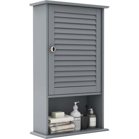 Goplus – Meuble mural salle de bain – Armoire à pharmacie avec porte persienne – Étagère réglable – Dimensions 42x17x70cm – MDF résistant à l'eau