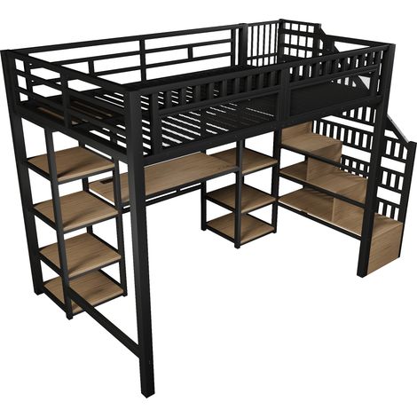 Letto a soppalco 140x200 cm in metallo e MDF nero con scrivania, ripiani, LED e USB (1/5)