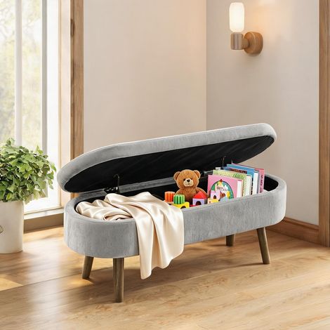 Banc de rangement gris en tissu chenille et bois massif (1/5)