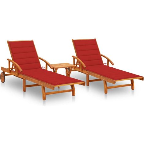 Sonnenliegen 2 Stk. mit Tisch und Auflagen Massivholz Akazie
