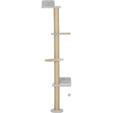 Étagère murale pour chat 180 cm, 4 plateformes d'escalade, poteau à griffer en jute avec jouet suspendu, gris clair (1/5)
