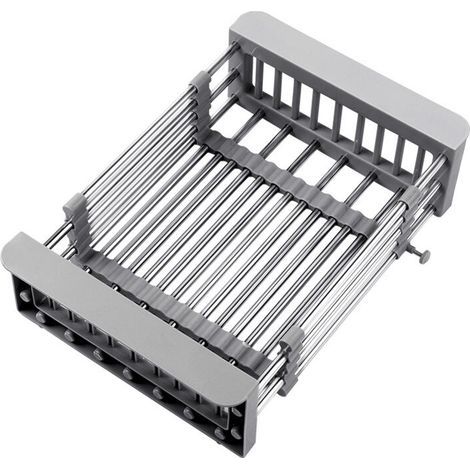 Scolapiatti estensibile, cestello di scarico telescopico in acciaio inox, scolapiatti estensibile e portabottiglie per frutta sopra il lavello (grigio) (1/4)